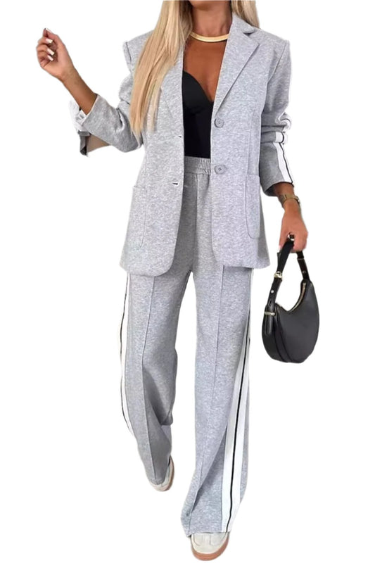 Full Size Contrast Lapel Collar Top and Pants Set