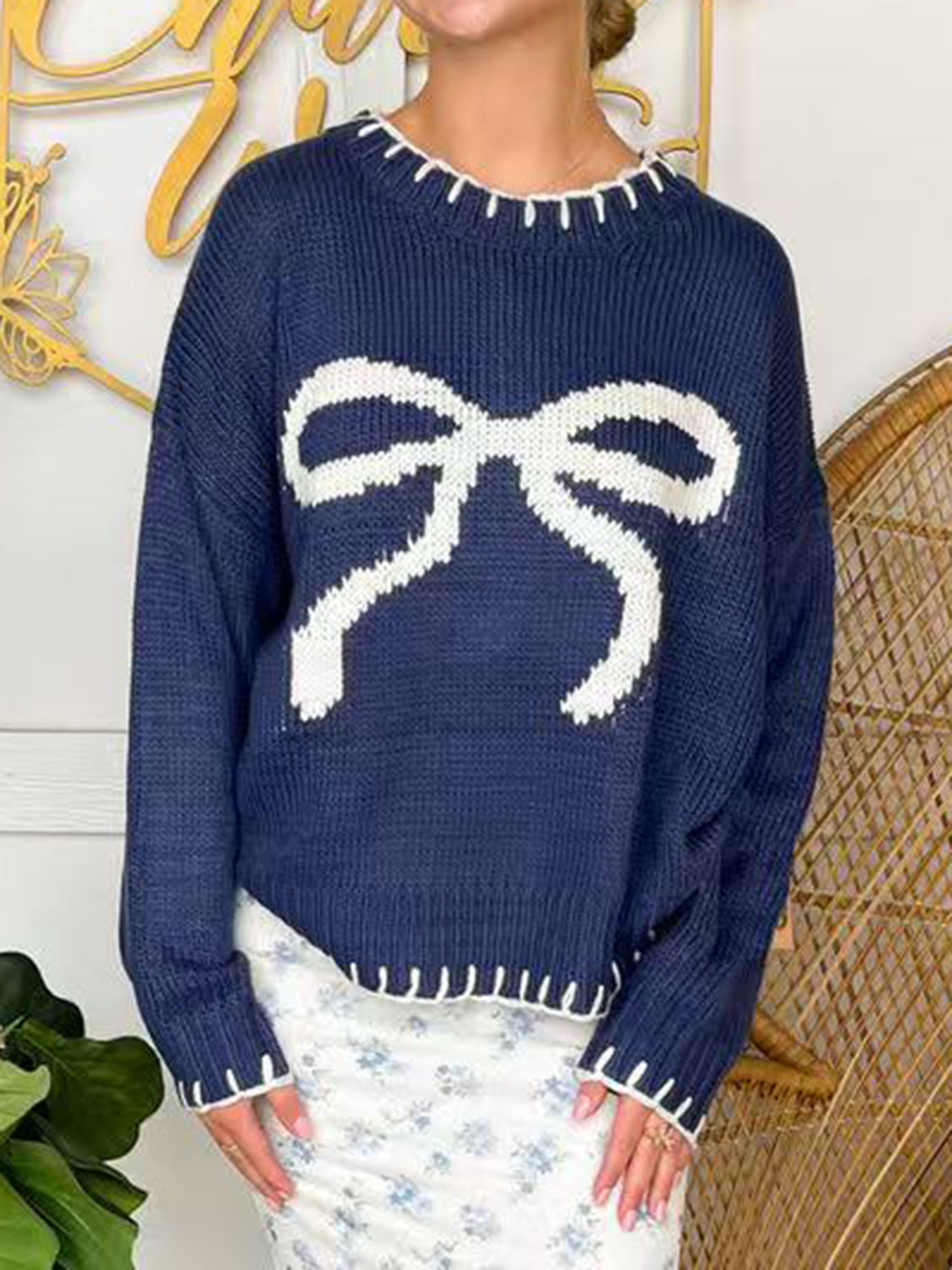 Bow Round Neck Long Sleeve Sweater Blue