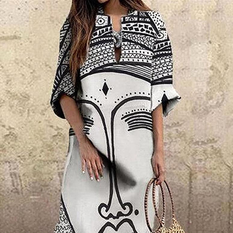 Vintage Portrait Print Abstract Face High Waist Women’s Dress