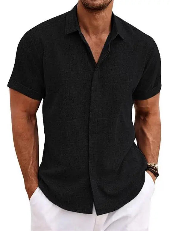 Men's Solid Color Loose Linen Short-Sleeved Shirt