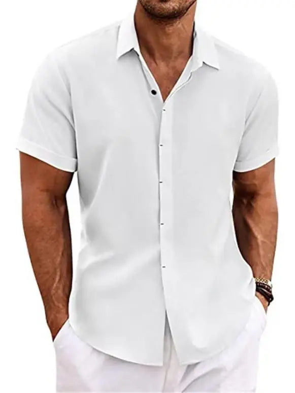 Men's Solid Color Loose Linen Short-Sleeved Shirt