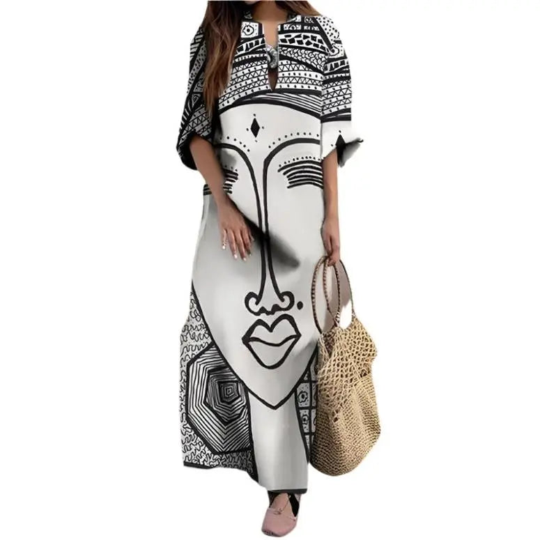 Vintage Portrait Print Abstract Face High Waist Women’s Dress
